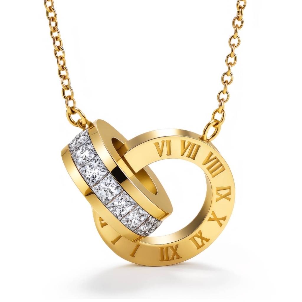 Gold Roman Numeral Pendant Cubic Zirconia Necklace 18k Gold Plated Waterproof